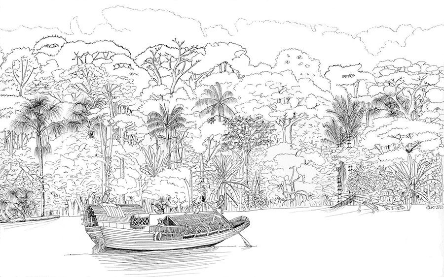 Embarcaciones frecuentes en el río Negro. Figura: Camila Pizano. 