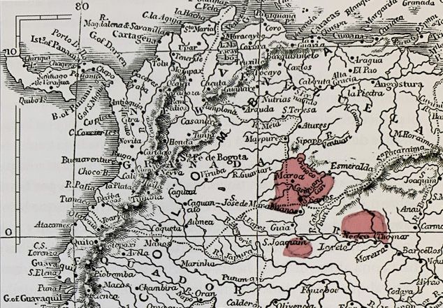 Las manchas rojas que aparecen en el mapa, dibujadas por Wallace, muestran la ubicación de bosques de piassaba en el “Distrito Amazónico”. 